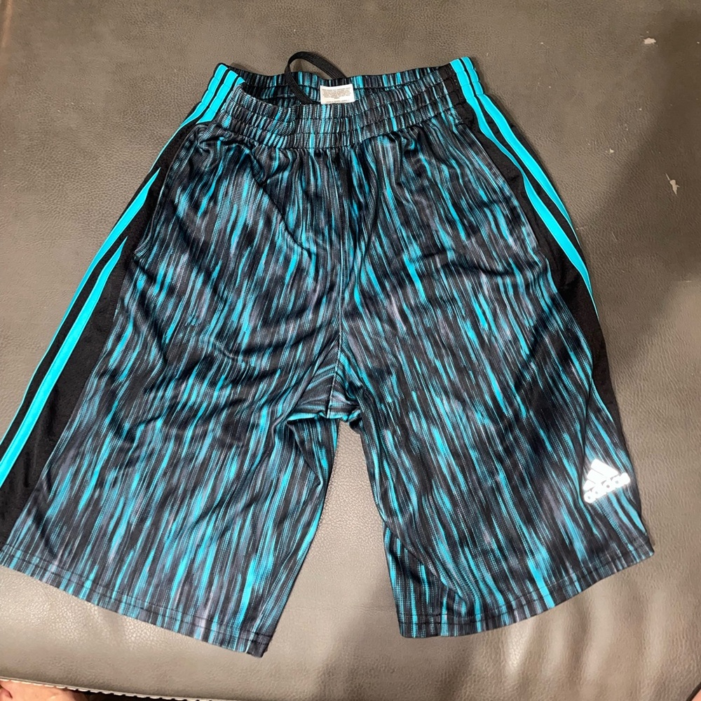 Adidas Boys L (14/16) Athletic Shorts Black Teal Striped Print